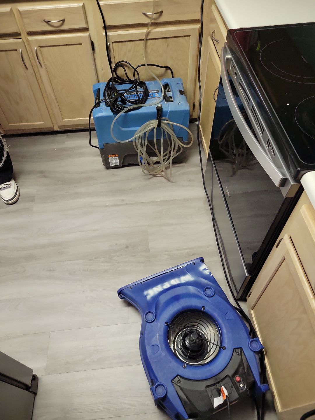 How Do You Dry A Crawl Space Safely In Apex After Flooding? 5 Kitchen Water Damage Drying Fan And Dehumidifier Set Up Near Cabinets And Flooring