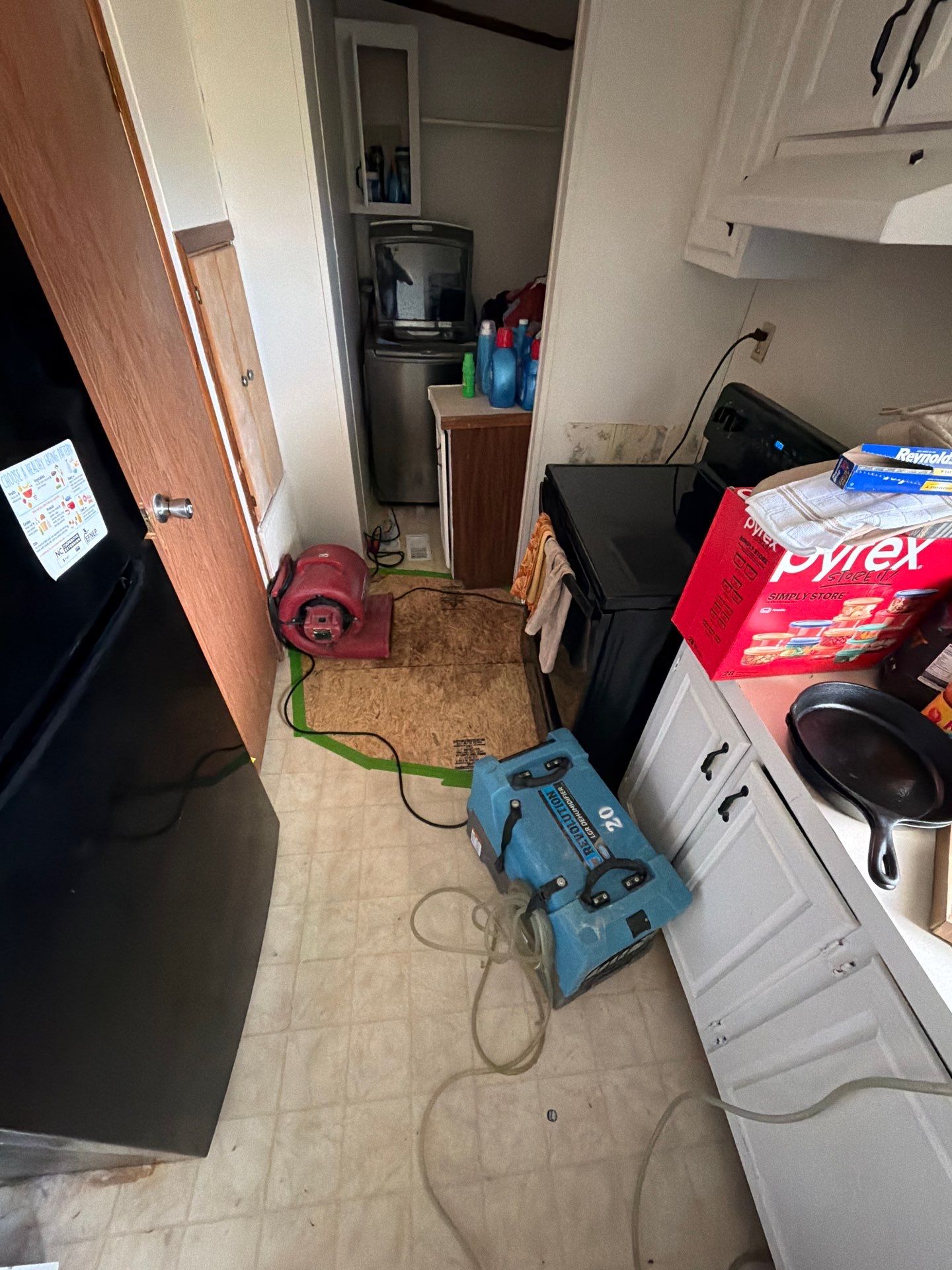 What Should You Do If Your Crawl Space Floods In Fuquay Varina? 9 Kitchen Water Damage Drying Equipment With Air Movers And Dehumidifier Setup